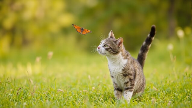 Playful cat chasing colorful butterfly in a sunny garden