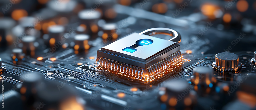 Poster futuristic padlock integrated with blockchain technology digital environment cybersecurity concept c