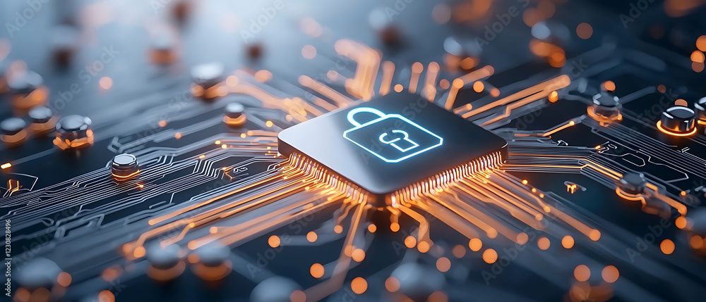 Poster futuristic padlock technology enhancing blockchain security digital environment graphic illustration