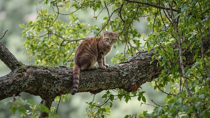 Fototapeta premium Tabby cat resting on a lush green tree branch