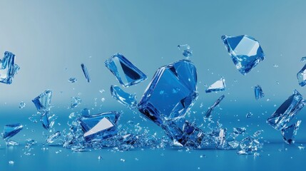 Shattered blue glass fragments falling on blue background.