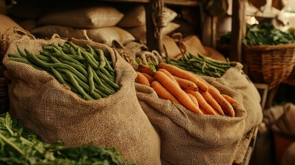 Eco-friendly shopping scene, green beans and carrots in neutral-toned bags, gentle filter, dynamic lighting, warm market setting