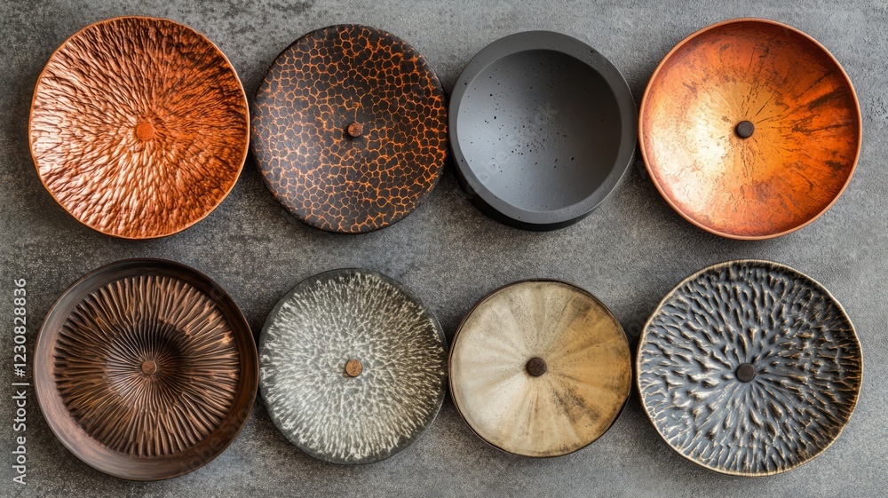 Poster eight decorative plates in various colors and textures arranged in two rows on a gray surface.