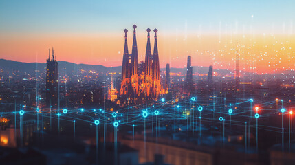 Naklejka premium Abstract business man stands on Smart digital Innovation city with connection network reciprocity over the twilight cityscape. of future wireless digital city and social media networking systems