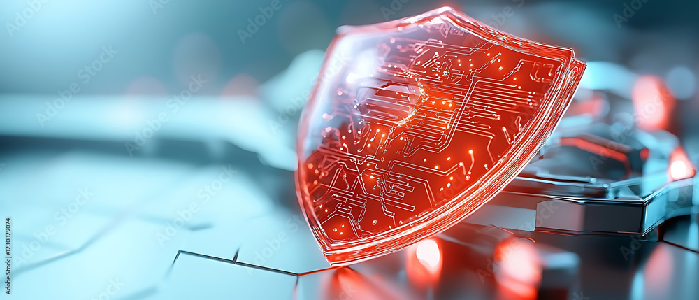 Poster futuristic cyber shield design featuring glowing blockchain links digital environment technology con
