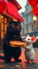 Obraz premium cute black cat in red glasses and white mouse holding pizza box against pizzeria background
