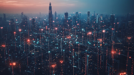 Fototapeta premium Abstract business man stands on Smart digital Innovation city with connection network reciprocity over the twilight cityscape. of future wireless digital city and social media networking systems