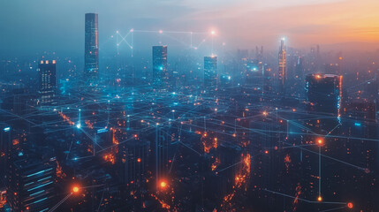 Fototapeta premium Abstract business man stands on Smart digital Innovation city with connection network reciprocity over the twilight cityscape. of future wireless digital city and social media networking systems