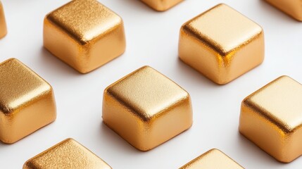 Close-up of gold square chocolate packaging with a sleek and professional finish, isolated on a pristine white background, elegant and luxurious design