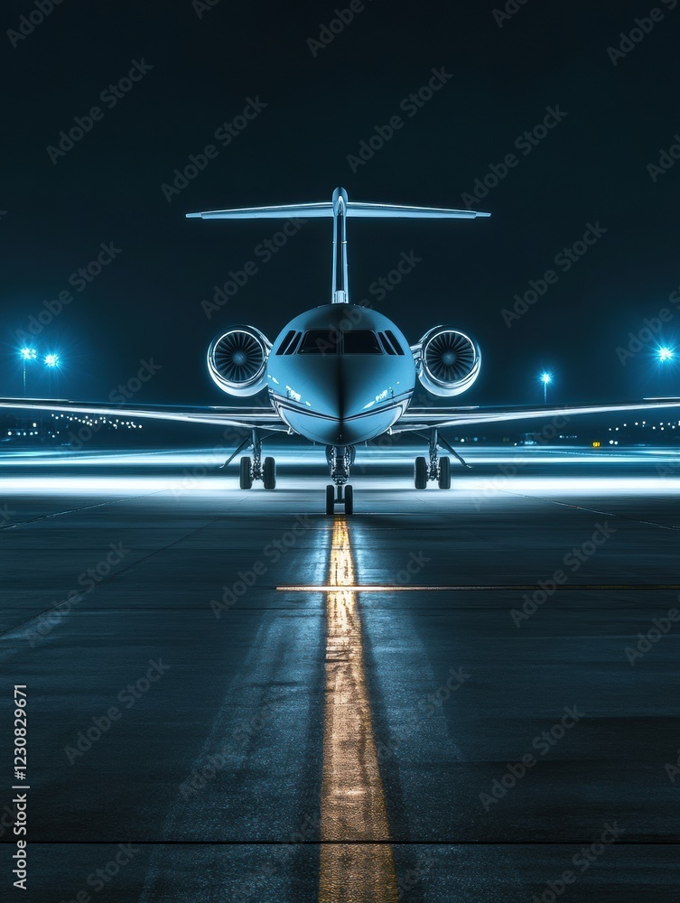 Leinwandbilder airplane prepares for takeoff on illuminated runway with navigation lights at night. generative ai