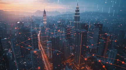 Fototapeta premium Abstract business man stands on Smart digital Innovation city with connection network reciprocity over the twilight cityscape. of future wireless digital city and social media networking systems