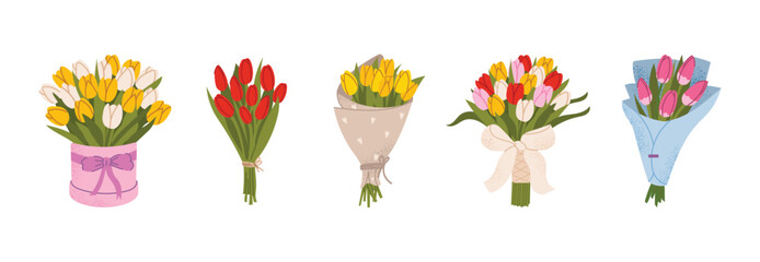 Spring bouquet set with tulips in different arrangements. Perfect for Women's Day, Mother's Day, weddings, and spring celebrations. Vector illustration isolated on white background.