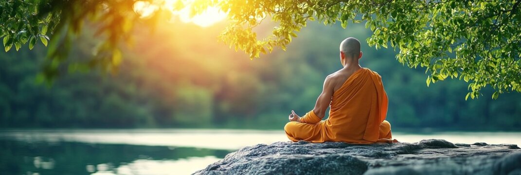 friendly buddhist monk meditating in nature - Powered by Adobe