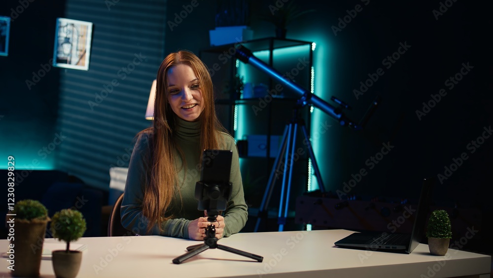 Poster content creator arriving in studio, using smartphone on tripod to shoot introductory segment for vlo