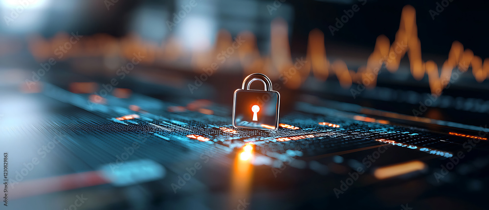 Poster digital lock securing trading data financial market graph visualization cybersecurity environment cl
