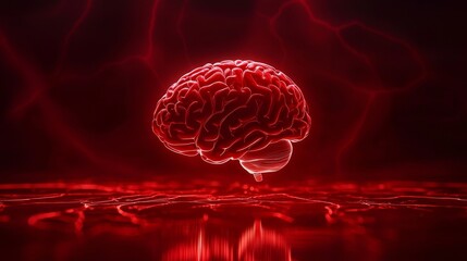 Close-up of a human brain with a fiery red glow, surrounded by digital particles and light rays, symbolizing advanced AI, Holographic, Futuristic Style