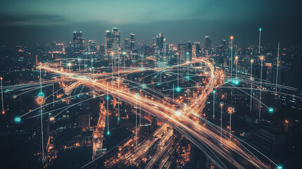 Fototapeta premium Abstract business man stands on Smart digital Innovation city with connection network reciprocity over the twilight cityscape. of future wireless digital city and social media networking systems