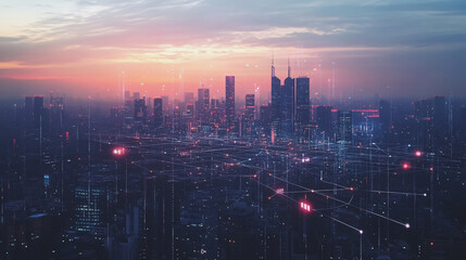 Fototapeta premium Abstract business man stands on Smart digital Innovation city with connection network reciprocity over the twilight cityscape. of future wireless digital city and social media networking systems