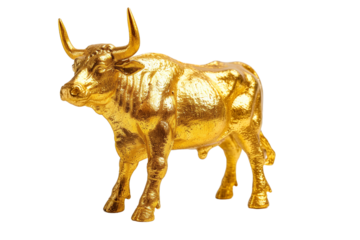 Golden Bull Figurine Symbolizing Market Growth, Isolated on a White Transparent Background