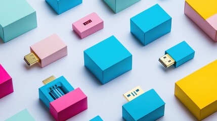 Obraz premium Colorful USB storage devices in various shapes and sizes arranged on a light background