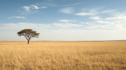 Obraz premium Solitary acacia tree on vast golden savanna under a partly cloudy blue sky.