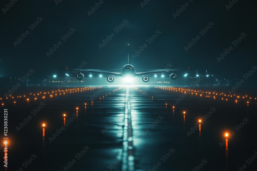 Leinwandbilder airplane on illuminated runway at night surrounded by vibrant navigation lights for safe landing. ge