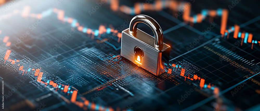 Poster digital security lock enhancing financial data protection virtual environment conceptual visualizati