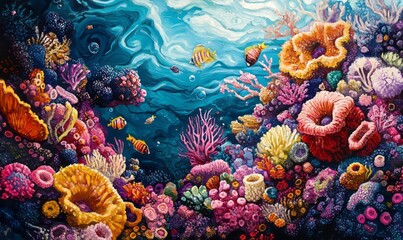 Obraz premium Vibrant underwater scene showcasing diverse coral reef ecosystem with colorful fish.