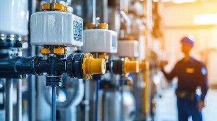 Industrial Worker Inspecting Pipes and Valves in a Factory Setting