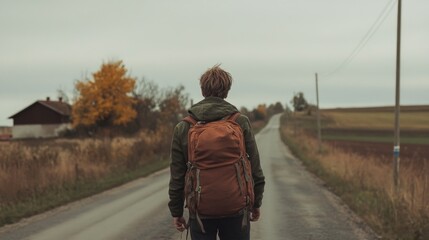 Solo hiker with backpack walking on rural road.
