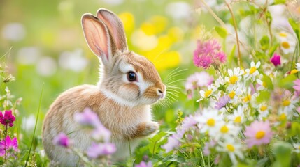 Obraz premium Peaceful Outdoor Scene with Rabbit Surrounded by Blooming Wildflowers in a Meadow: Perfect for Springtime Promotions and Nature-Themed Content Emphasizing Tranquility