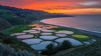 Colorful tidal pools reflect sunset hues along a serene coastal landscape with rolling hills
