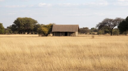 Thatched roof hut in a vast, dry grassland savanna under a pale sky.