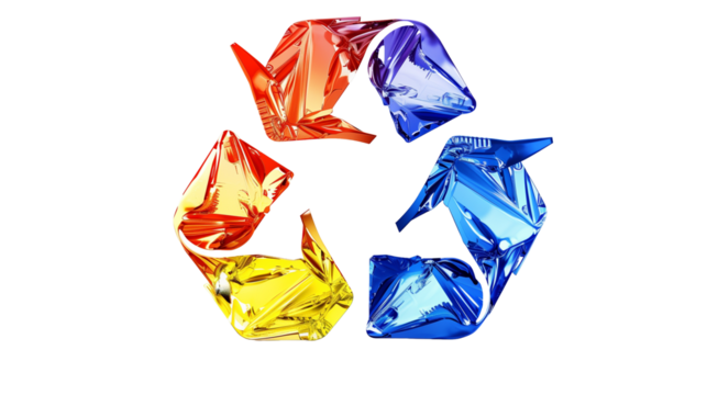 Glossy Recycling Symbol With Colorful Arrows on a White Transparent Background