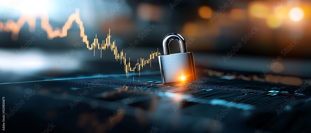 Poster securing financial data with a glowing digital padlock futuristic tech environment visual content cy