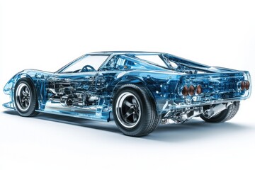 A transparent blue car with an internal structure, featuring electric vehicle parts and technology, set against a white background.	
