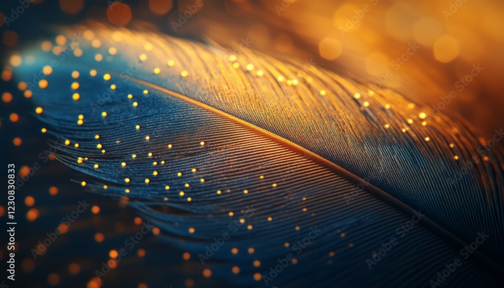 Poster close-up of a dark feather with golden light and bokeh.