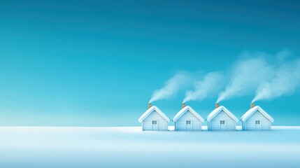 Winter Wonderland Cottages: Three charming snow-covered cottages sit nestled together on a tranquil snowy landscape, with wisps of smoke curling from their chimneys.