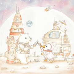 cute polar bear and penguin in space suits exchange tools on whimsical lunar landscape, surrounded by rockets and planets, evoking sense of adventure and friendship