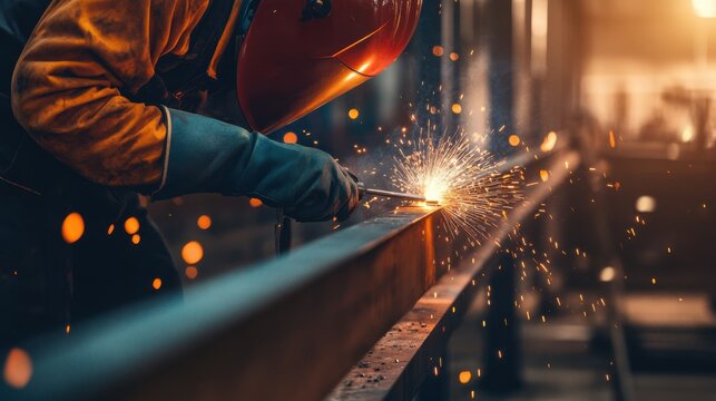 A focused shot of a welder performing structural welding on steel beams at a commercial building site, Commercial welding scene, Skilled and meticulous style
