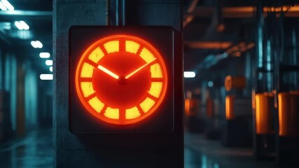 Industrial neon clock in dimly lit warehouse displaying movement - Powered by Adobe