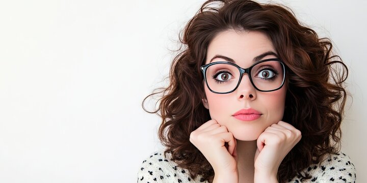 woman nerd with glasses, white background 