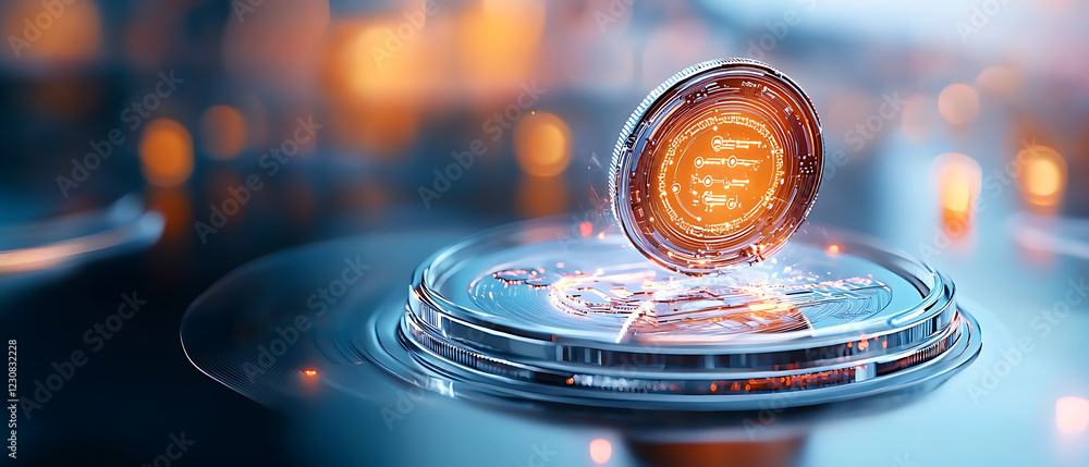 Poster floating glowing shield above blockchain nodes enhancing digital security in a virtual environment w