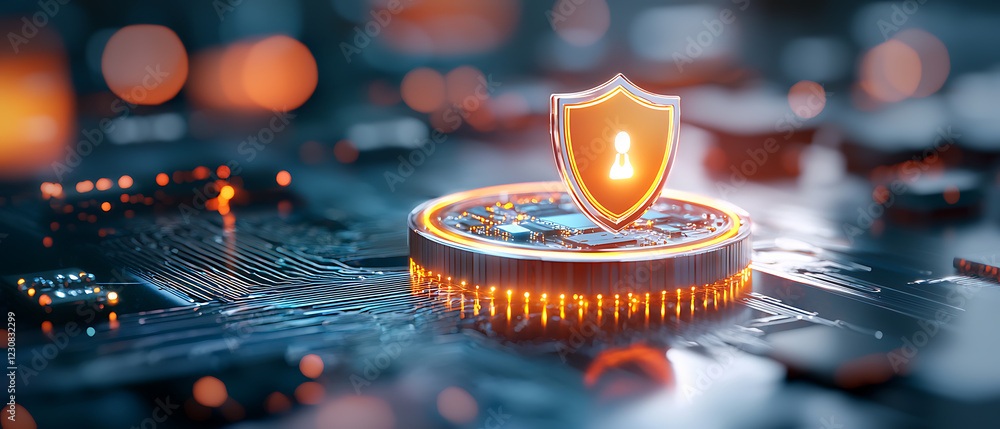 Poster innovative security shield above blockchain nodes digital realm graphic design futuristic environmen