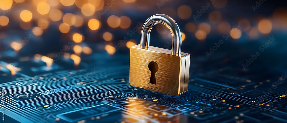 Poster digital security innovation a holographic lock floating amidst glowing circuitry in a futuristic tec