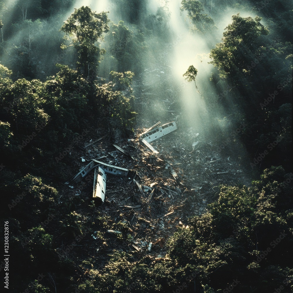 Poster Aerial view reveals airplane debris in a dense forest clearing surrounded by towering trees and sun rays. Generative AI
