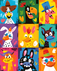 Obraz premium Neun bunte, lustige Tiergesichter in verspieltem Cartoon-Stil
