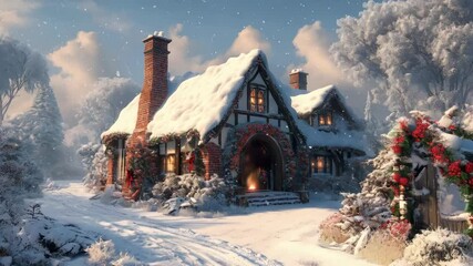Snowy winter cottage with christmas decor and falling snowflakes in a serene landscape - Powered by Adobe