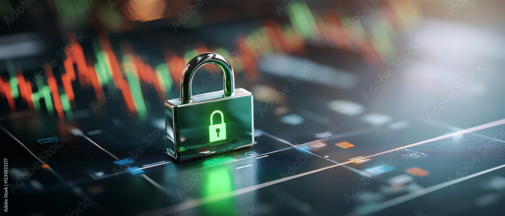 Poster holographic green padlock on trading chart financial security digital environment macro view concept