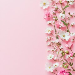 Banner with flowers on light pink background. Greeting card template for Wedding, mothers or womans day. Springtime composition with copy space. Flat lay 